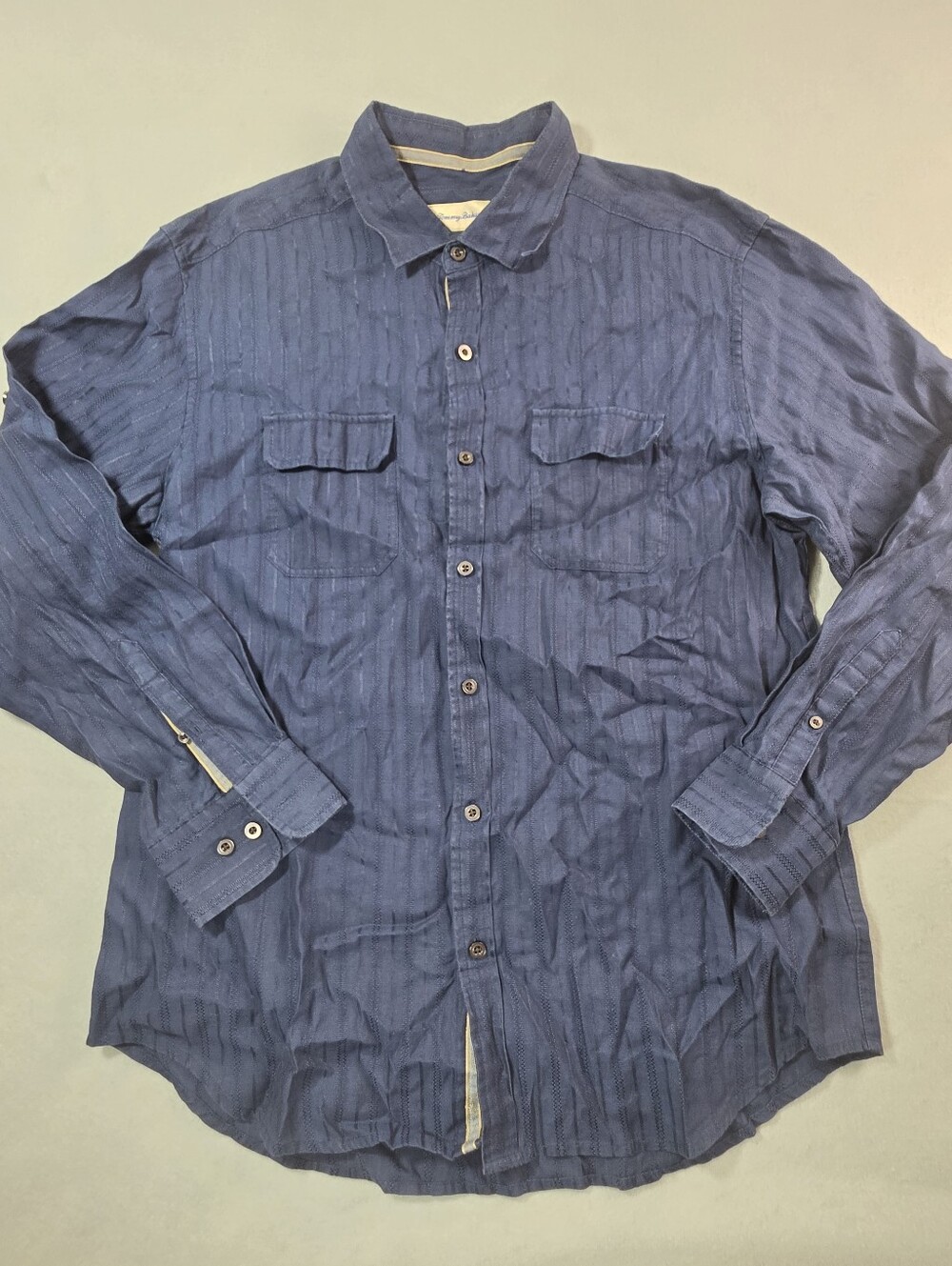 Tommy Bahama Men's Navy Button-Up Shirt with Subtle Stripe Long Sleeve